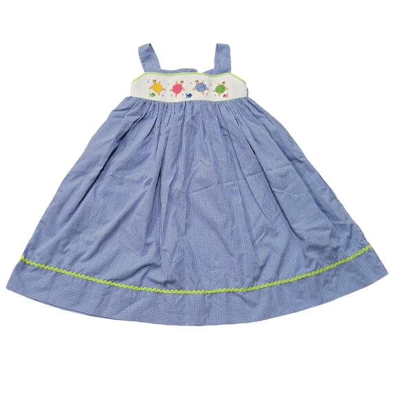 Lulu Bebe Embroidered Ocean Sea Turtle Smocked Gingham Dress - Picture 1 of 8